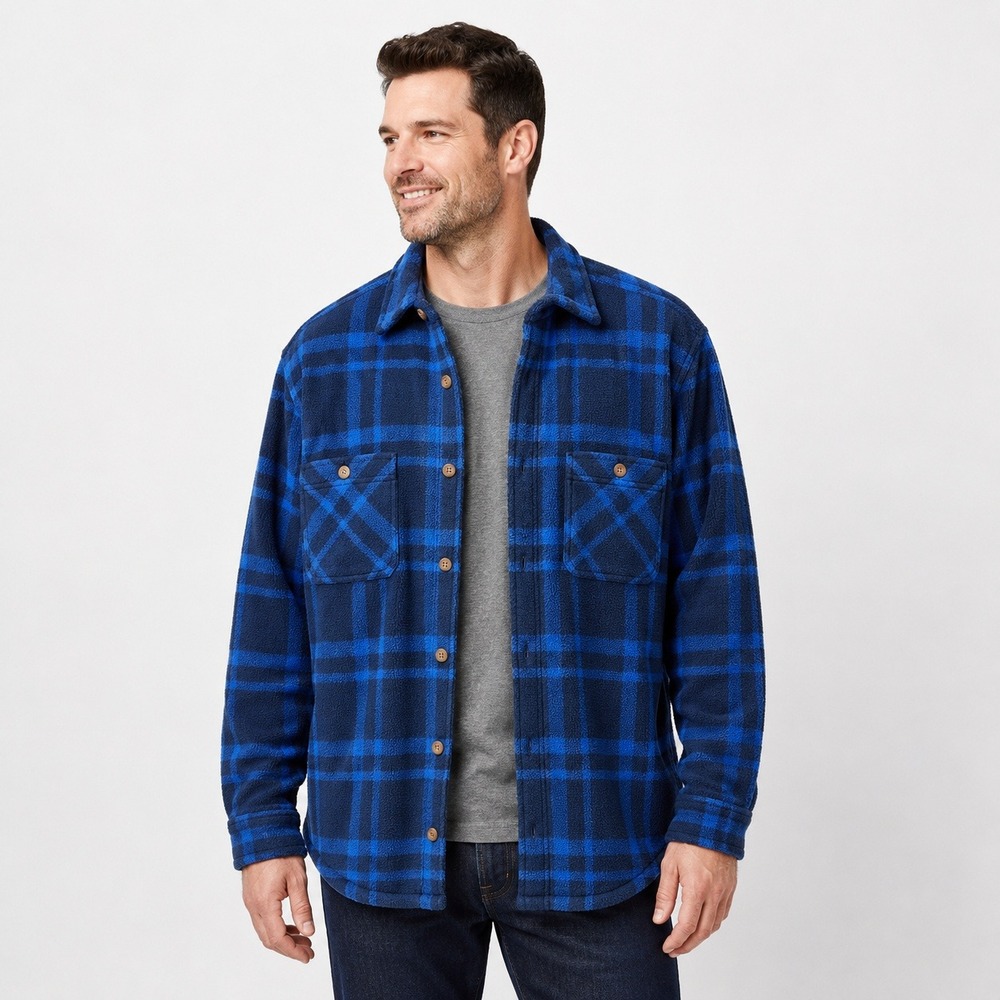 Croft & Barrow Men's XL Blue Plaid Fleece Shirt Jacket Shacket Pockets